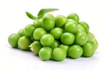 A pile of fresh green peas with vibrant leaves on top