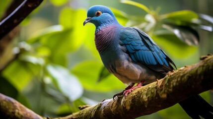 a Seychelles Blue Pigeon rests on a tree branch