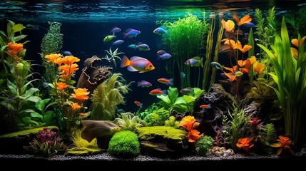 A stunning freshwater aquarium adorned with lush green plants and teeming with a multitude of colorful fish