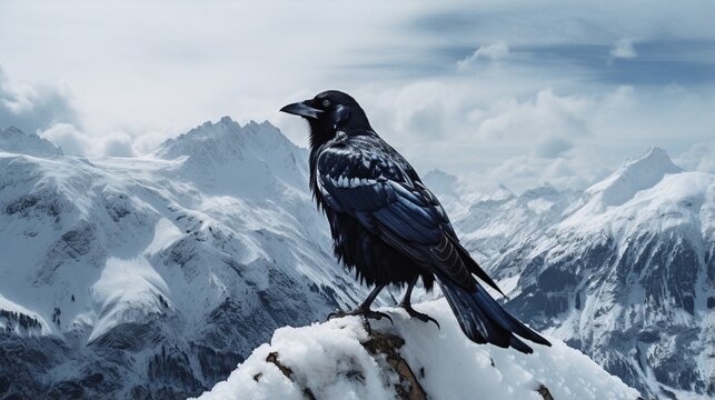 A snow-covered peak with Alpines chough perched on snow
