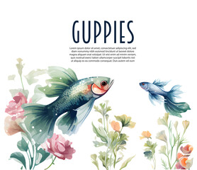 Guppy fish watercolor paint collection