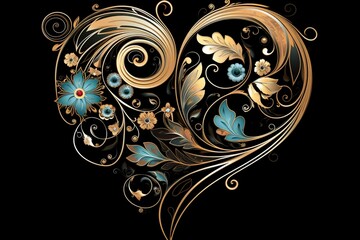 Artistic heart adorned with leaves and swirls on a stylish black background, influenced by Mucha and Art Nouveau. Generative AI