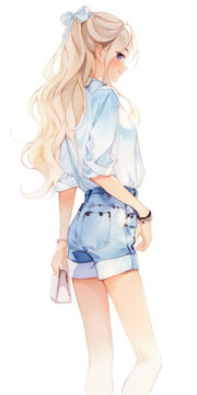 Watercolor portrait of cute blonde young female wearing denim shorts.