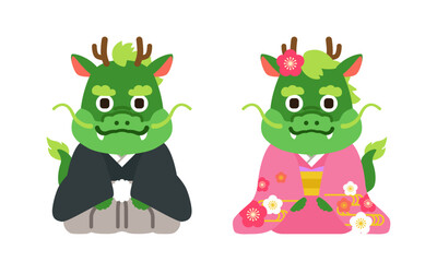 辰年　着物を着て正座する龍のイラスト