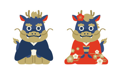 辰年　着物を着て正座する龍のイラスト