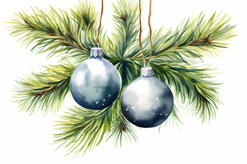 new Year's watercolor background, postcard, poster. Spruce branches, Christmas balls decorations. White background