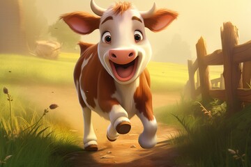 A cheerful animated adorable cow drawing. Generative AI
