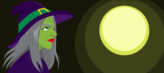 Vector illustration of profile side view of smiling witch on moon background