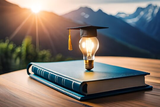 graduation cap and book, E-learning graduate certificate program concept. lightbulb on the book with graduation hat, and education icons. Internet education course degree, Idea of learning online clas