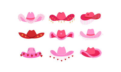 Set of various pink cowboy hats with stars, hearts and fringe. Vector flat illustration on isolated background. Cowgirl western accessory in disco party concept