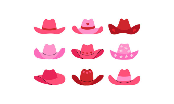Set of various pink cowboy hats. Vector flat illustration on isolated background. Cowgirl western accessory in disco party concept