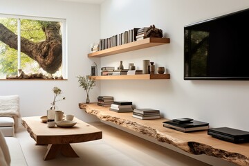 TV on wall, white room with wood decor, trees & books on table. Generative AI