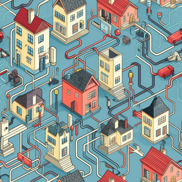 Isometric smart house technology system cartoon repeat pattern