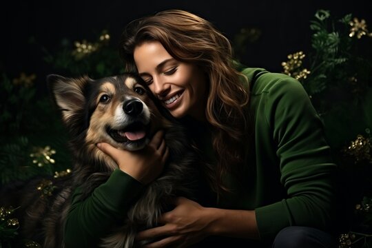 Photo of a woman embracing her dog in a dimly lit room created with Generative AI technology