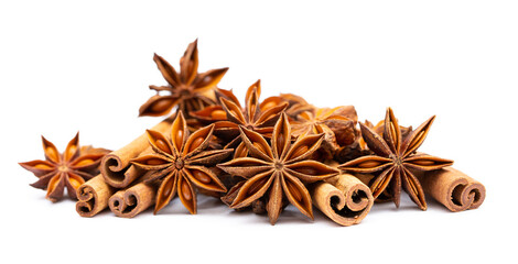 Star anise and cinnamon sticks on a white background isolated. Indian spices close up. Medicinal...