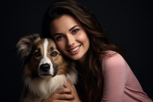 Photo of a woman holding a brown and white dog created with Generative AI technology