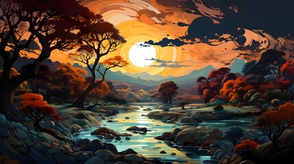 Obraz na płótnie Canvas Nature's Panorama: Sunlit Mountains Meet Tranquil River