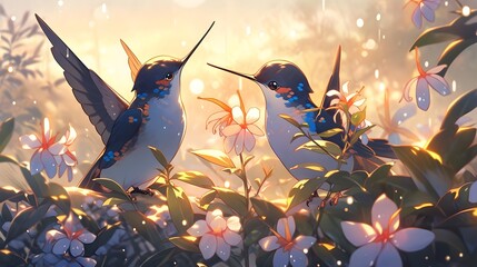 Enchanted Whir: Hummingbirds Dancing in a Blossoming Floral Sanctuary