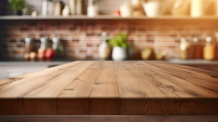 Empty Wooden Table on a Blurred Kitchen Bench Background. Table Setting and Kitchen Scene