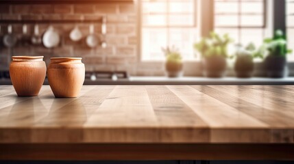 Empty Wooden Table on a Blurred Kitchen Bench Background. Table Setting and Kitchen Scene