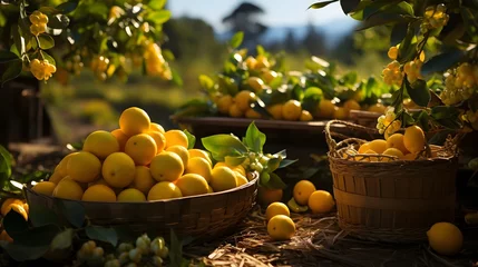 Fotobehang Mediterranean Citrus Glow: Lemons Radiating Sunlit Freshness. Nestled on a rustic table, sun-kissed lemons shine brightly, their zest and aroma blending with the picturesque backdrop of rolling hills © Armen Y