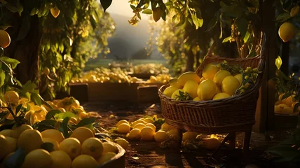 Fotobehang Mediterranean Citrus Glow: Lemons Radiating Sunlit Freshness. Nestled on a rustic table, sun-kissed lemons shine brightly, their zest and aroma blending with the picturesque backdrop of rolling hills © Armen Y