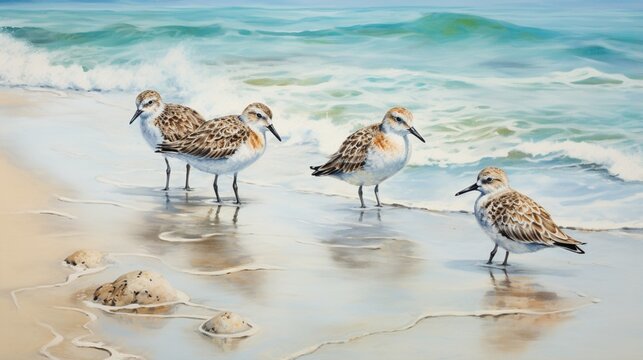 At the water's edge, sandpiper birds in the waves
