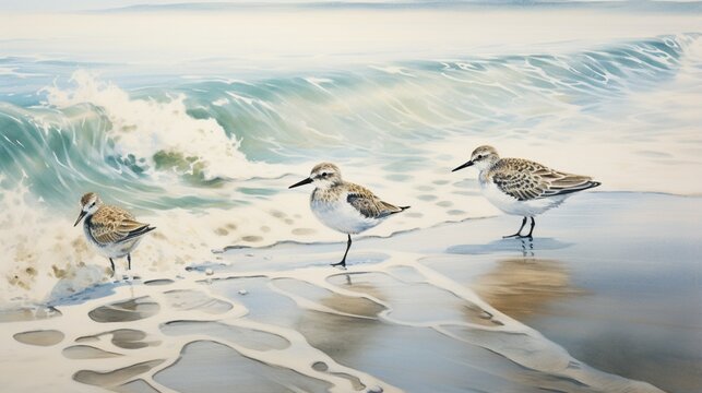 At the water's edge, sandpiper birds in the waves