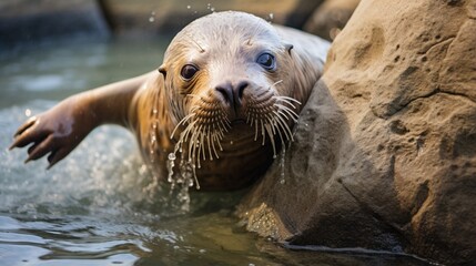 Obraz premium At the zoo, a seal can be seen playing on a stone