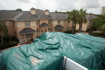 A damaged rooftop covered with tarp sheets to prevent rainwater leaks after Hurricane Ian in Florida. Generative AI
