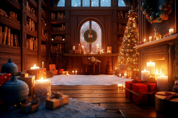 Obraz premium Christmas card. vintage room interior with a fireplace decorated with a Christmas tree with burning candles. Generative Ai