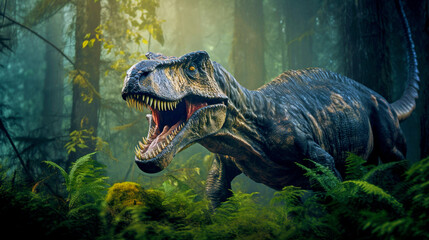 ferocious huge tyrannosaurus, causing horror, looking for prey in the forest. Generative Ai