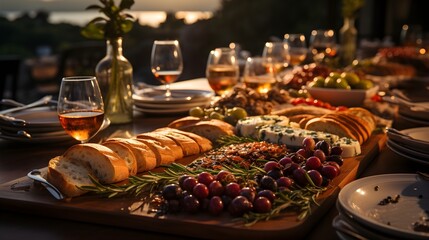 Mediterranean Moments: Grapes, Wine, Cheese, Bread Amidst Sunlit Hills. A rustic table showcases plump grapes, rich wine, creamy cheese, and fresh bread. - obrazy, fototapety, plakaty