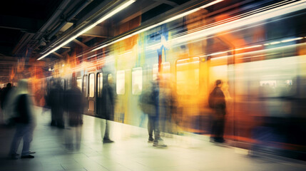 subway train arrives at the station at speed. recognizable people are waiting to board. abstract background. Generative Ai - obrazy, fototapety, plakaty