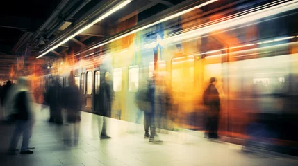 Fotobehang subway train arrives at the station at speed. recognizable people are waiting to board. abstract background. Generative Ai © PETR BABKIN