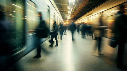 a crowd of unrecognizable people in the subway during rush hour boards an arriving train. Generative Ai