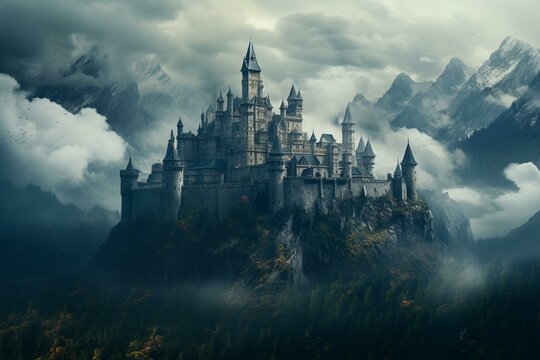Enigmatic castle on misty mountains. Classy. Generative AI