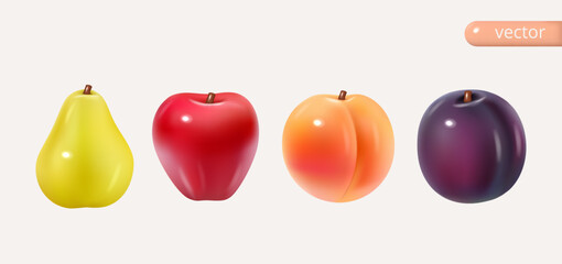 Set of glossy fruit. Pear, apple, peach, plum. 3d vector set isolated. Realistic cartoon vector 