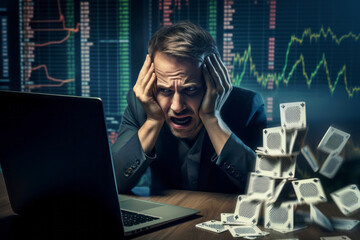 Stressed and desperate businessman watching stock market crash and business fall, like a house of cards, because of the economic crisis - Panic on Finance - obrazy, fototapety, plakaty