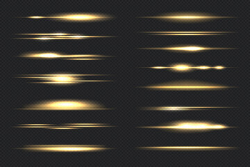 Gold horizontal lens flares set. Laser beams, horizontal light rays. Light flares. Glowing streaks on dark background. 