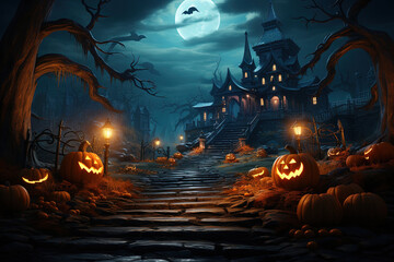 Halloween Haunted house with spooky pumpkins and colorful 3D background, Dark forest, Haunted house in the night forest. Moonlight. Witch's house. Mystical. Halloween scene. Halloween concept