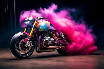 Vibrant bike with smoke-spinning wheels, categorized as a caferacer or cafefighter. Generative AI