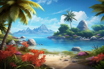 Beautiful tropical island with palm trees, crystal blue sea, coconut fruit, and magnolia flower. Generative AI