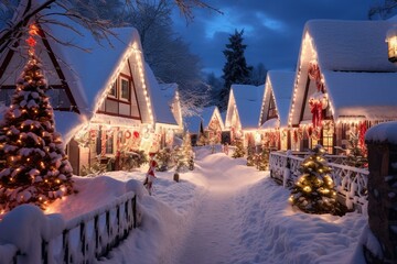 Festively decorated winter village for a joyful Christmas. Generative AI