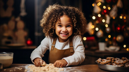 A black mixed race  girl toddler child with an afro in the kitchen baking gingerbread, Christmas tree and lights, cosy, winter season