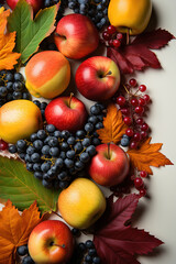 Naklejka na ściany i meble Autumn leaves with colorful maple leaves, apples, and berries. Autumn fruits on a White background with copy space for text