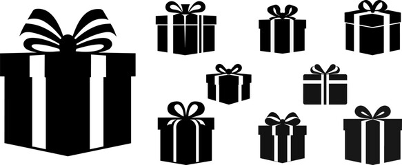 Set of gift icon silhouettes in black and white, minimalist vector illustrations for holiday and festive design. AI generated illustration.