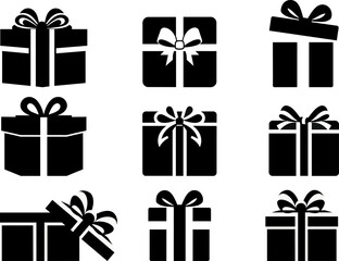 Set of black-and-white gift icon silhouettes, minimalist vector design, perfect for holiday, festive and seasonal projects, for web, print, posters and greeting cards. AI generated illustration.