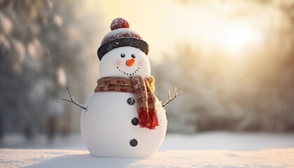 Adorable Tiny Snowman as a Symbol of Christmas on a Wintry Background - Generative Ai