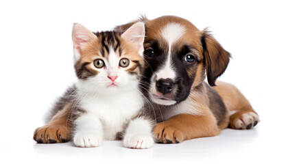 Fototapeta na wymiar Friendship Between Animals - Kitten and Small Puppy Together - Generative Ai